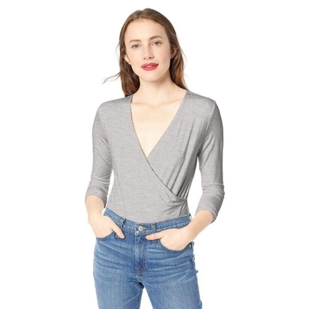 J. CREW Wrap Bodysuit V Neck Light Gray Long Sleeve Jersey Top Blouse Medium M
